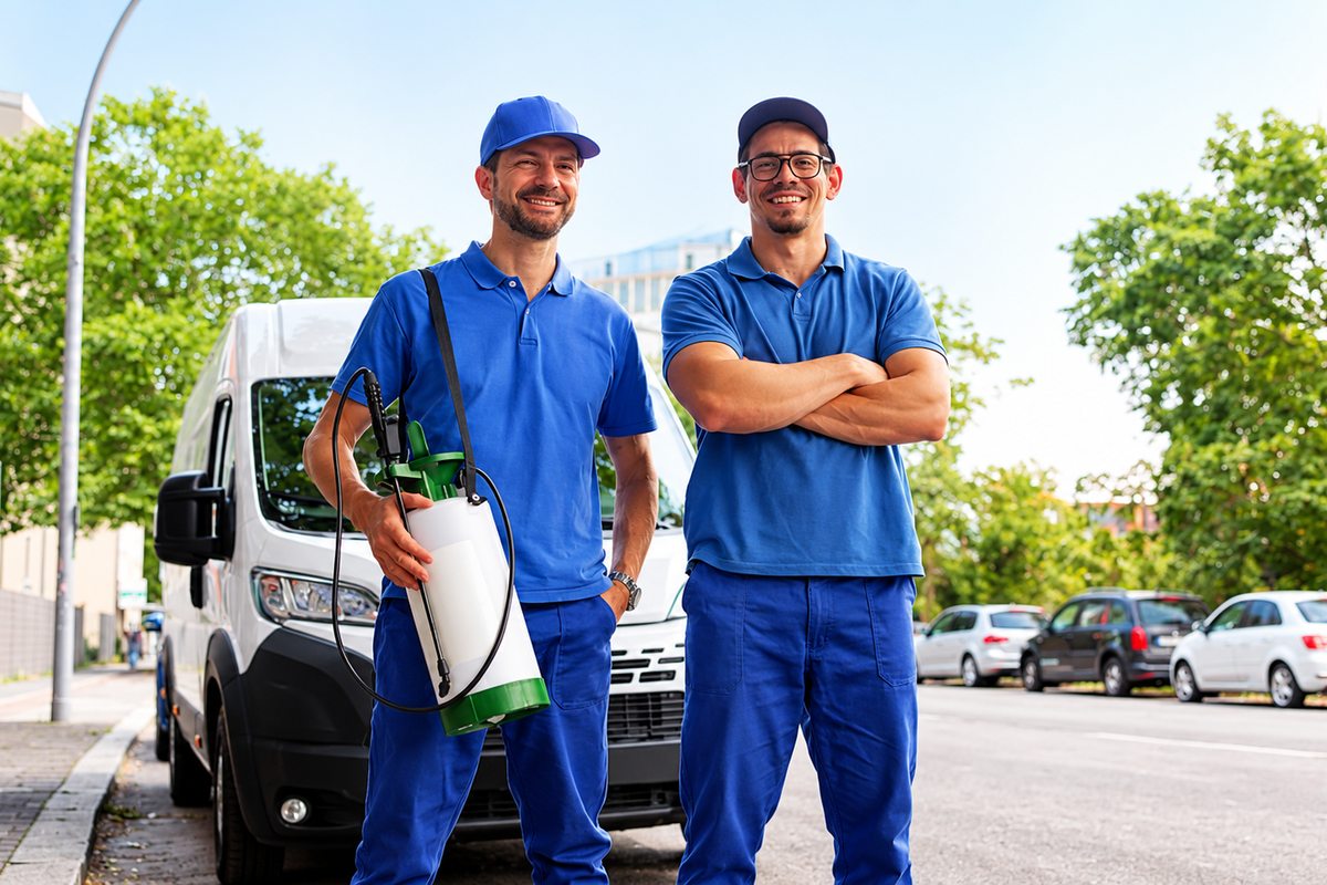 Two pest-control technicians beside a service vehicle.