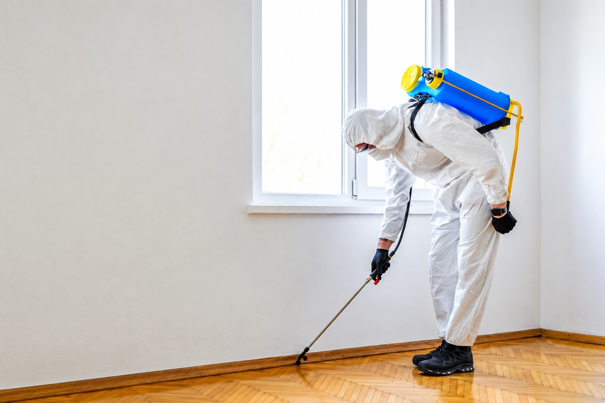 Indoor perimeter application with protective clothing and equipment.