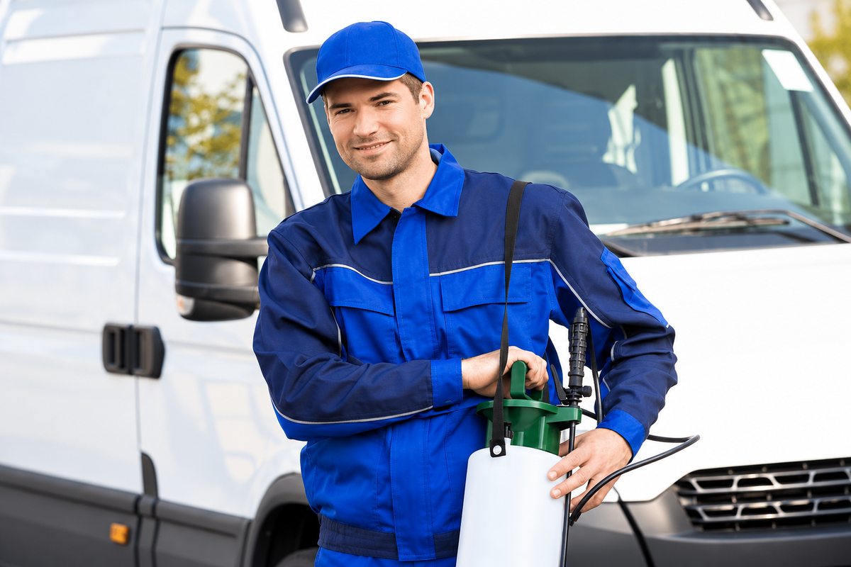 Technician with portable application equipment beside a service vehicle.